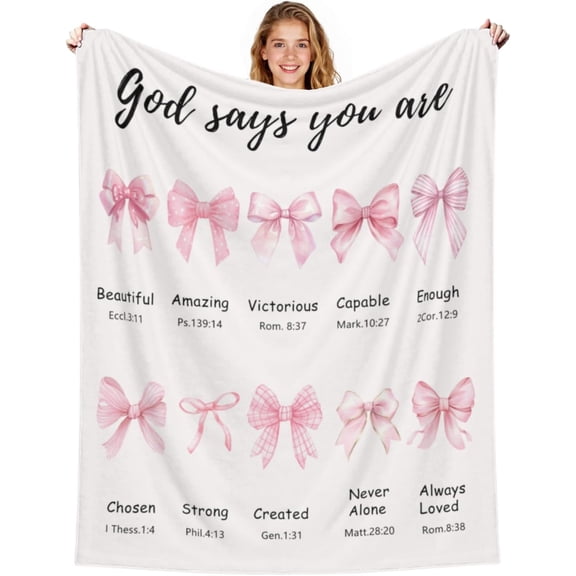 Christian Blanket Pink Bow Decor Religious Gifts for Women Mom Sister Birthday Inspirational Scripture Blankets Baptism Gifts for Girl Christmas Home Decorations 50" x 60"
