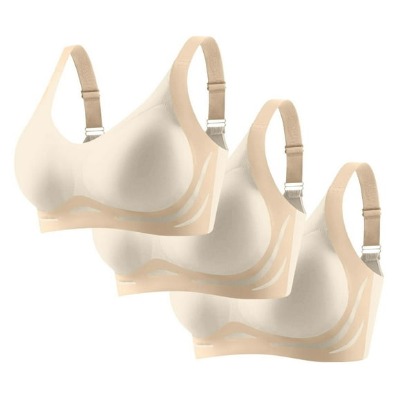 3PCS Wireless Bras for Women Full Coverage Plus Size Breathable Underwear Color Block Comfortable Sports Everyday Bras (L, 3*Beige)