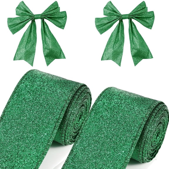 2 Rolls Christmas Ribbon,Bexikou Metallic Glitter Ribbons for Gift Wrapping,Green Wired Edge Ribbon for Christmas Tree Wreath DIY Crafts Home Party Holiday Decoration, 2.5" x20 Yards