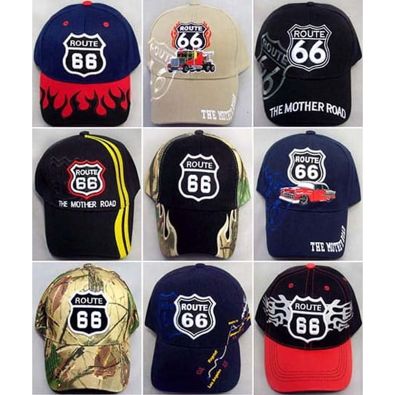 "Route 66" Embroidered Baseball Caps - 12 Assorted Designs Per Pack - Uni-Sex Style -- FREE USA Shipping -- (7508-12)