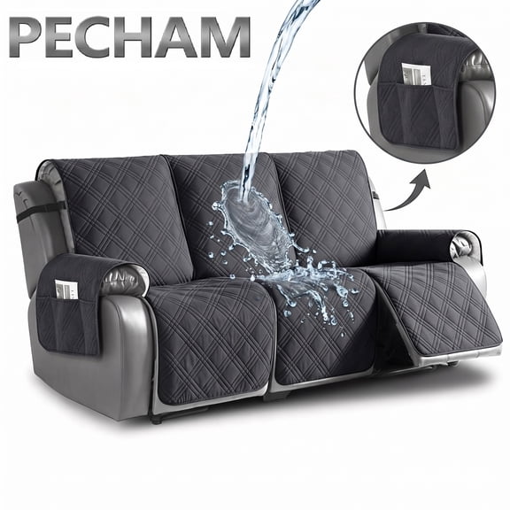 PECHAM Waterproof Recliner Sofa Cover, Non-Slip Reclining Couch Covers with Side Pockets for 3 Seat, Washable Furniture Protector for Kid, Dog - Gray