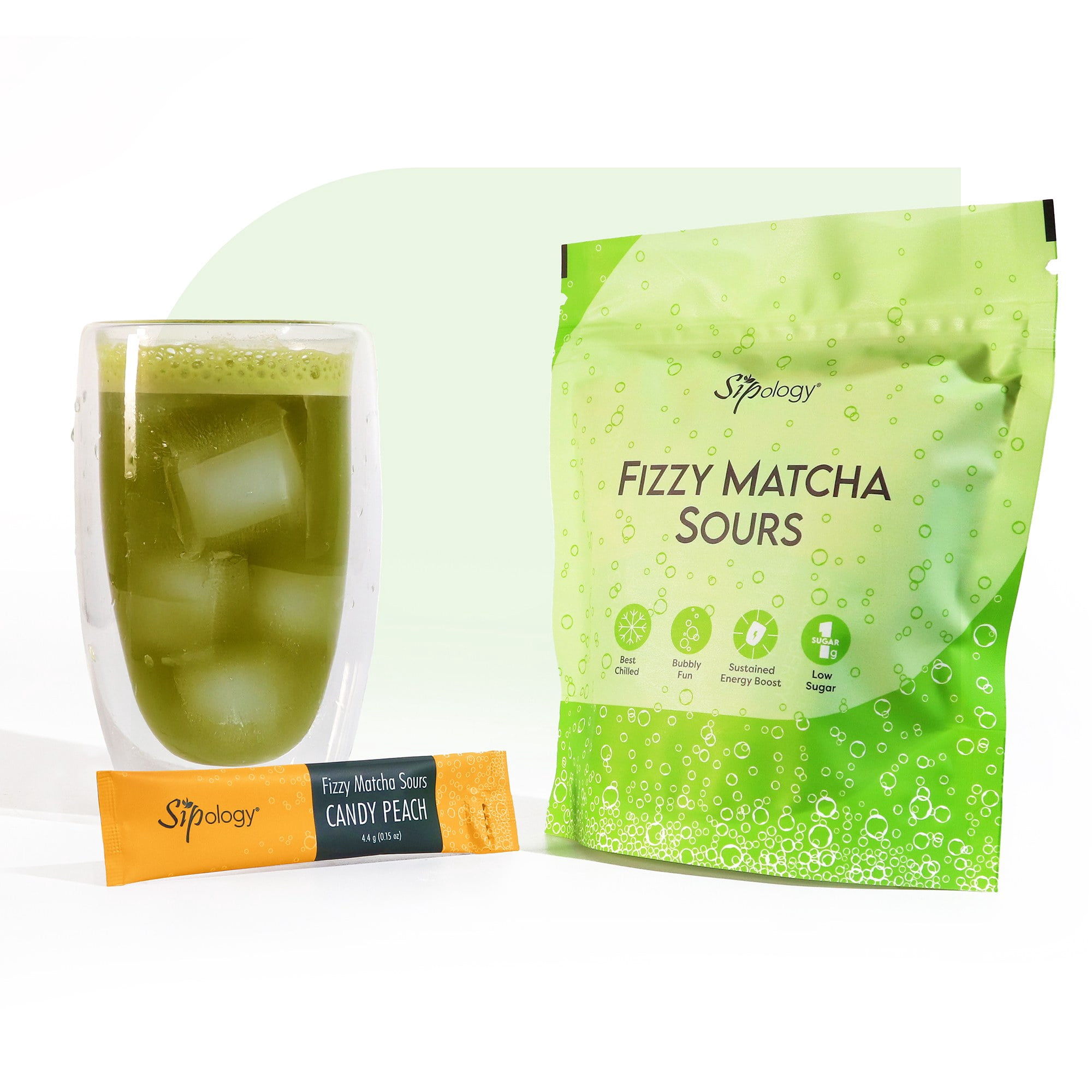 Sipology: Fizzy Matcha Sours - Candy Peach - Sparkling Beverage Powder Mix,Japanese Matcha, 2.33 oz, 15 Stick Pack
