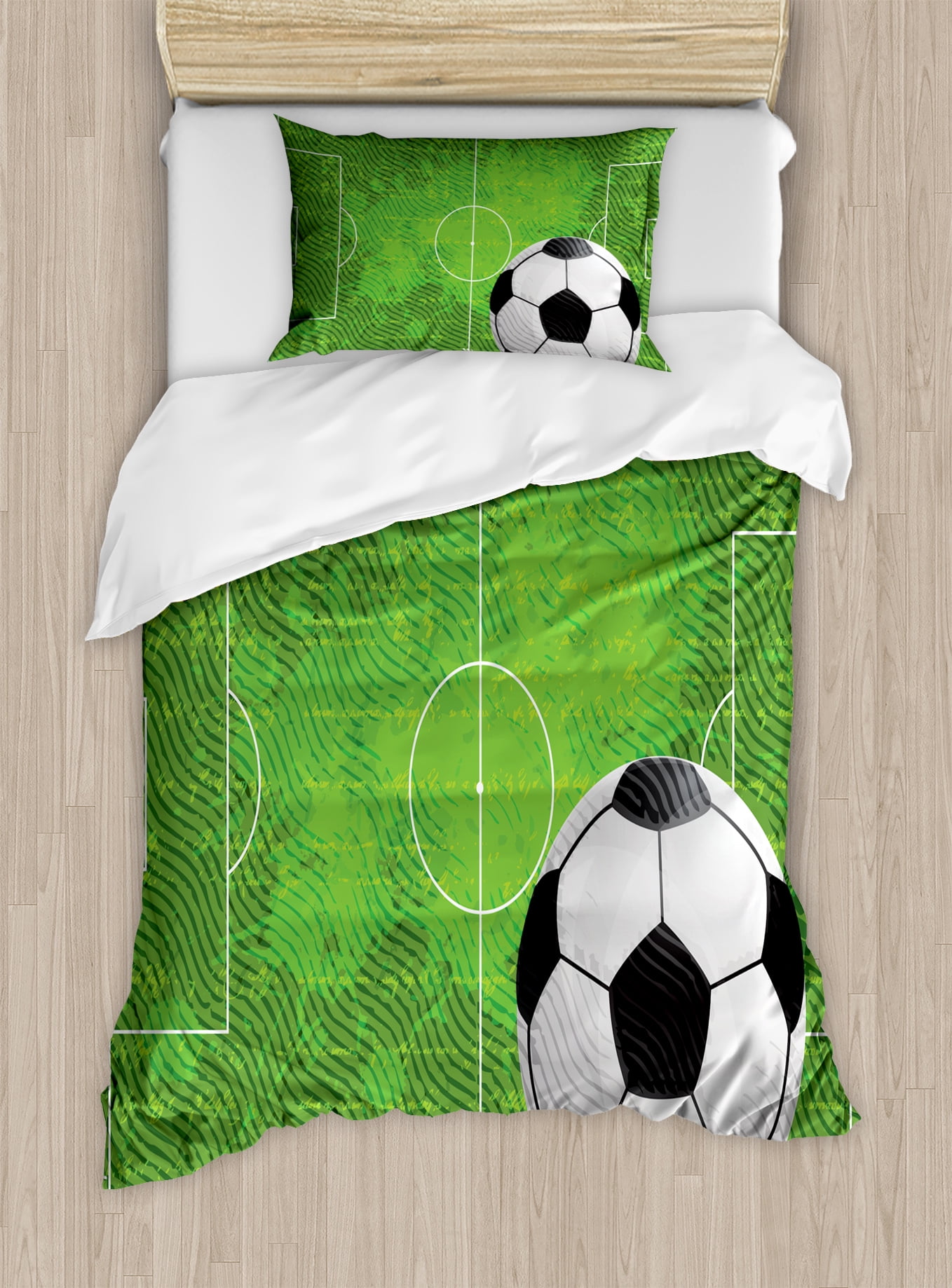 Soccer Duvet Cover Set, Grunge Worn Looking Pitch Pattern Football Six