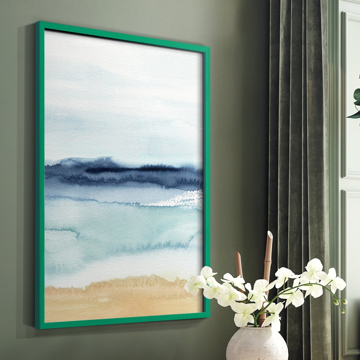 Watercolor Ocean Horizon II Framed Print in Green Solid Wood 8 x 10 Framed Print
