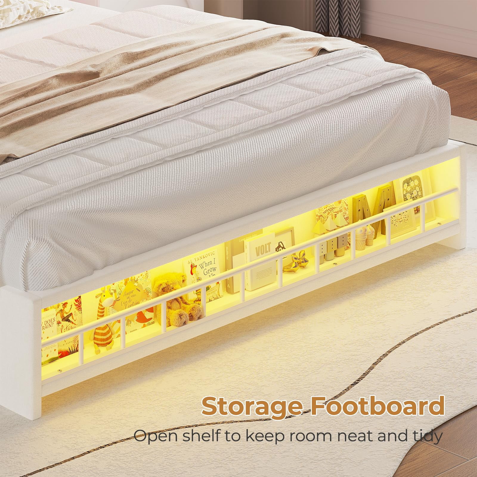 Afuhokles Full Size Bed Frame with LED Lights and 4 Drawers, Velvet Upholstered Platform Bed, Headboard with Charging Station and Crystal Button, White