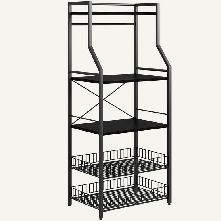 Bakers Rack Farmhouse Microwave Oven Stand with 2 Large Metal Wire Basket 5 Tier Utility Storage Shelf with 8 Hooks