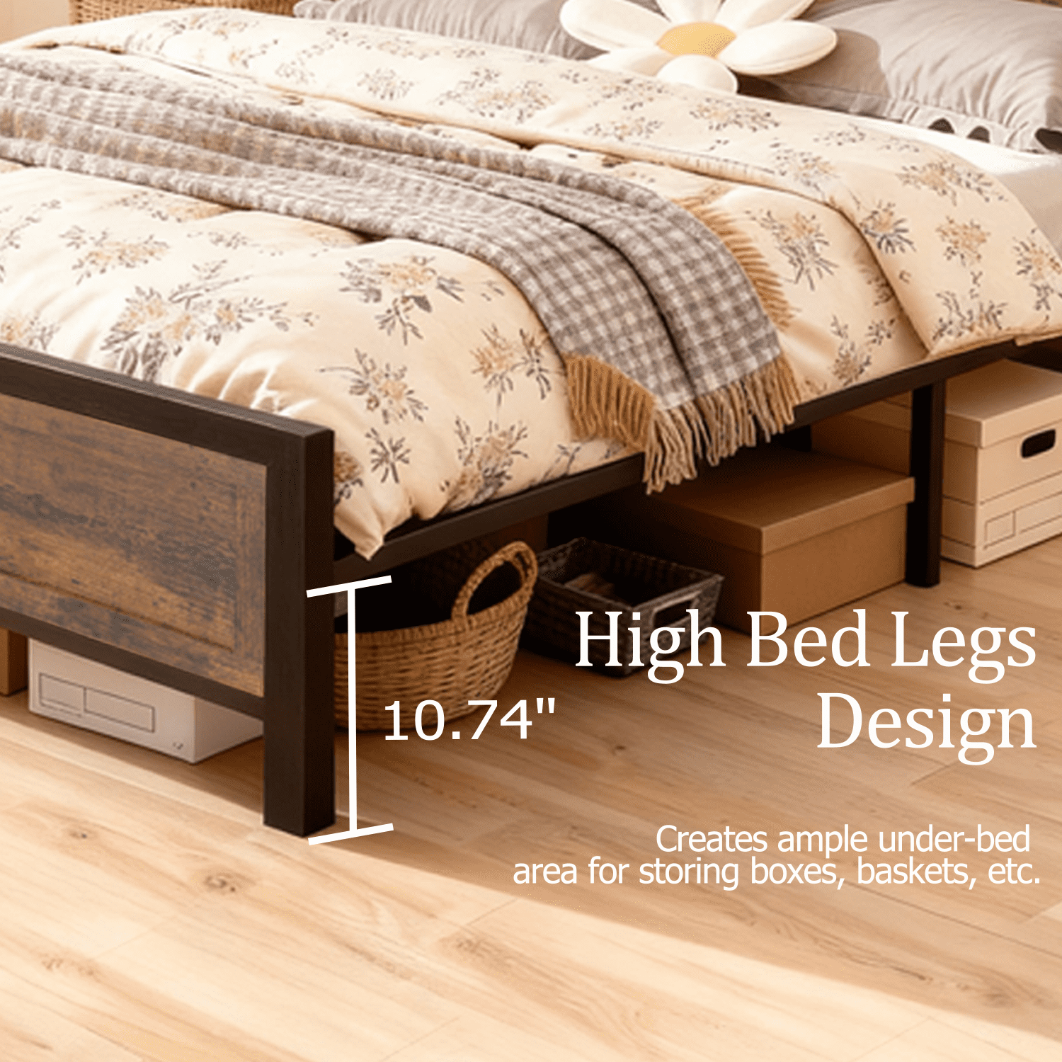 Vipbear Brown Sturdy Heavy-Duty Metal Queen Size Bed Frame With Headboard And Footboard, 10in Under-Bed Storage,Concealed Screw,Quiet,Easy To Assemble