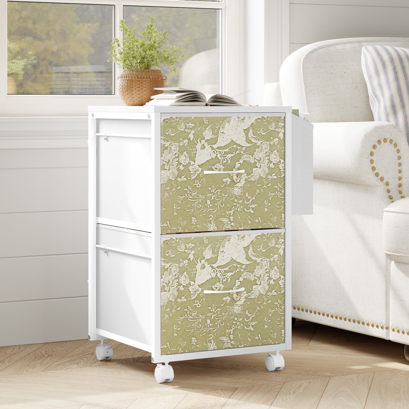 Ktaxon 2-Drawer Rolling File Cabinet with Wheels Side Bag, Fabric Drawers Printer Stand for Home Office, Fits Letter Size, White Green
