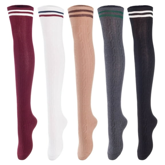Lovely Annie Big Girl's Women's 5 Pairs Incredible Durable Super Soft Unique Over Knee High Thigh High Cotton Socks Size 6-9 A1023(Blk,DG,Kaki,Wite,Wine)