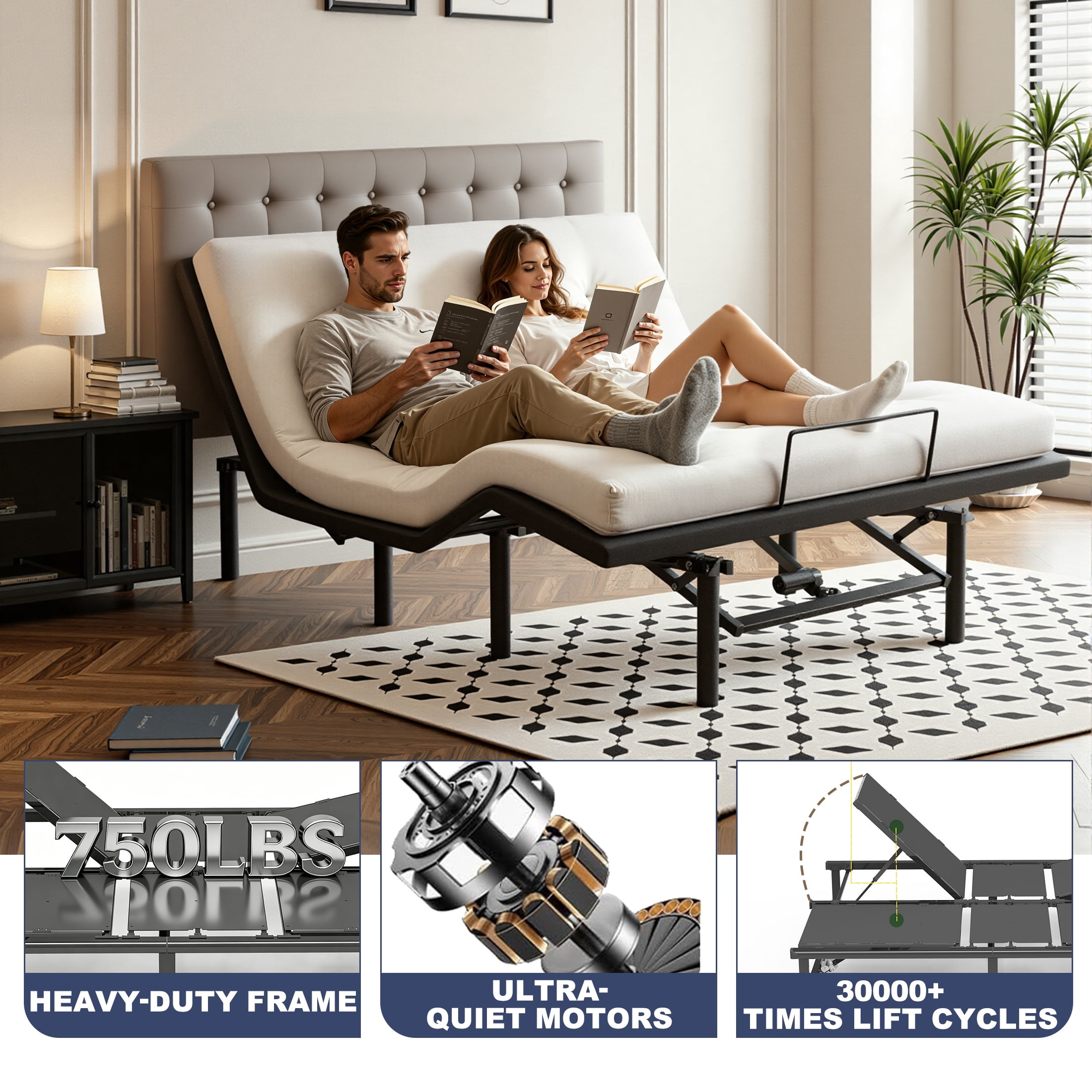 UHOMEPRO Queen Adjustable Bed Frame Zero Gravity Electric Bed Base with Wired Remote, Head & Foot Incline, 14" Foldable Metal Platform Bed, No Box Spring Required, Black