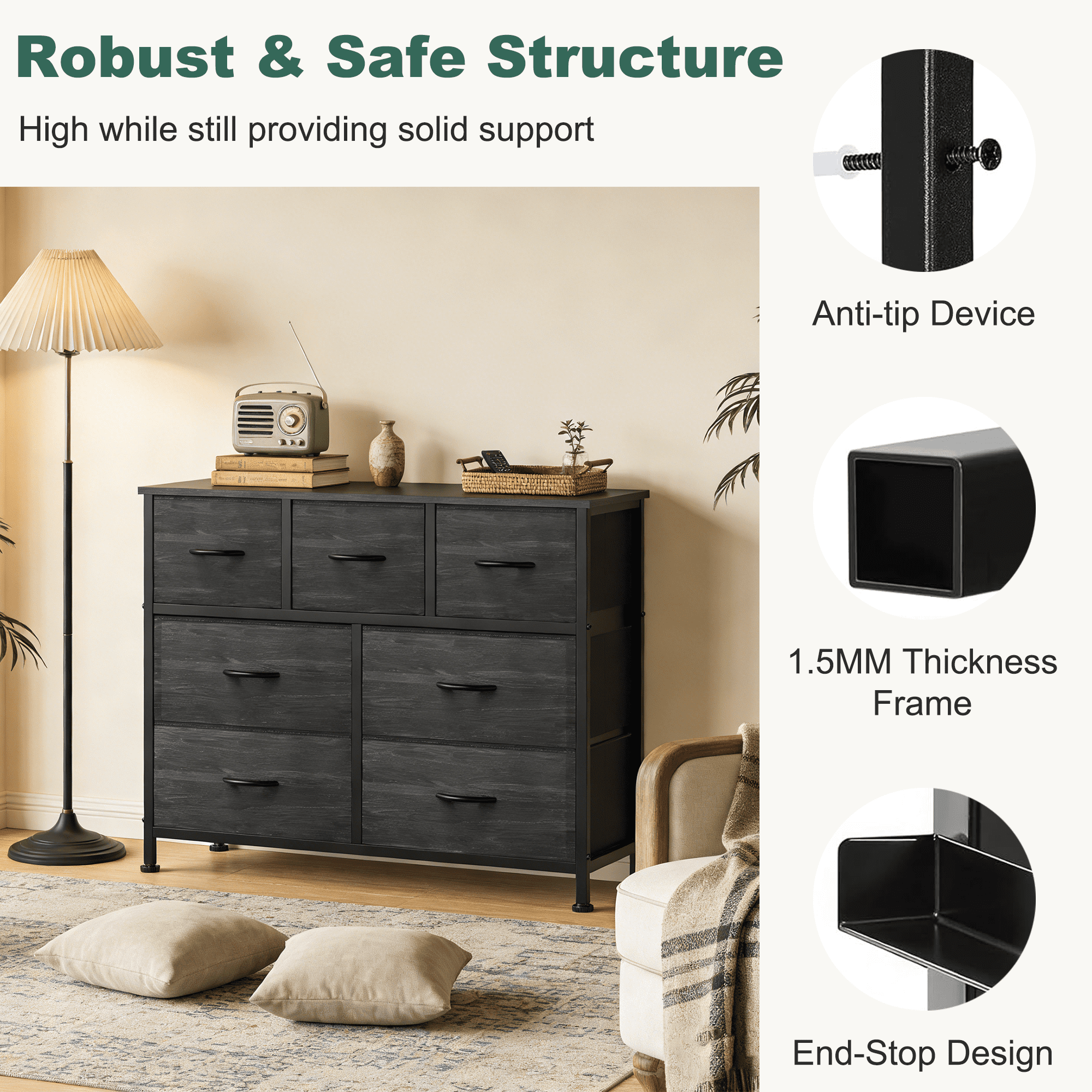 Aidoly 7-Drawer Wide Fabric Storage Dresser with Wooden Top - Space-Saving Bedroom & Closet Organizer, Charcoal Black