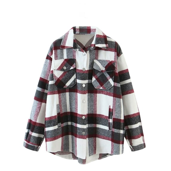 Seyurigaoka Women Juniors Plaid Print Coat, Long Sleeve Button-down Collar Shacket