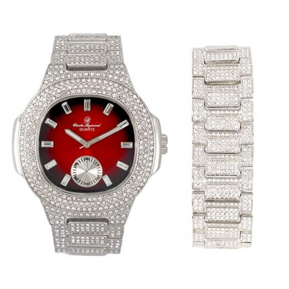 Charles Raymond Blinged Out Oblong Case Metal Mens Watch w/Matching Blinged Out Bracelet Set - ST10235 VO SLV RED -B