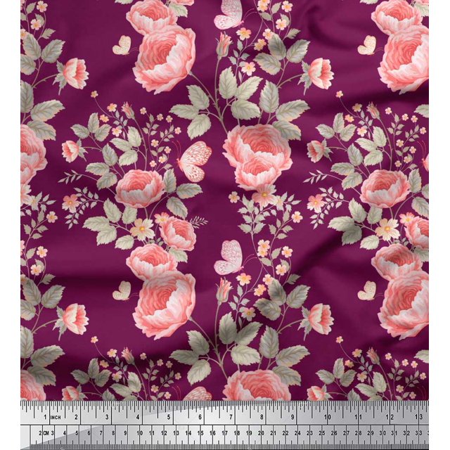 Soimoi Pink Poly Georgette Fabric Leaves,Insect & Floral Artistic Print Fabric by The Yard 52 Inch Wide