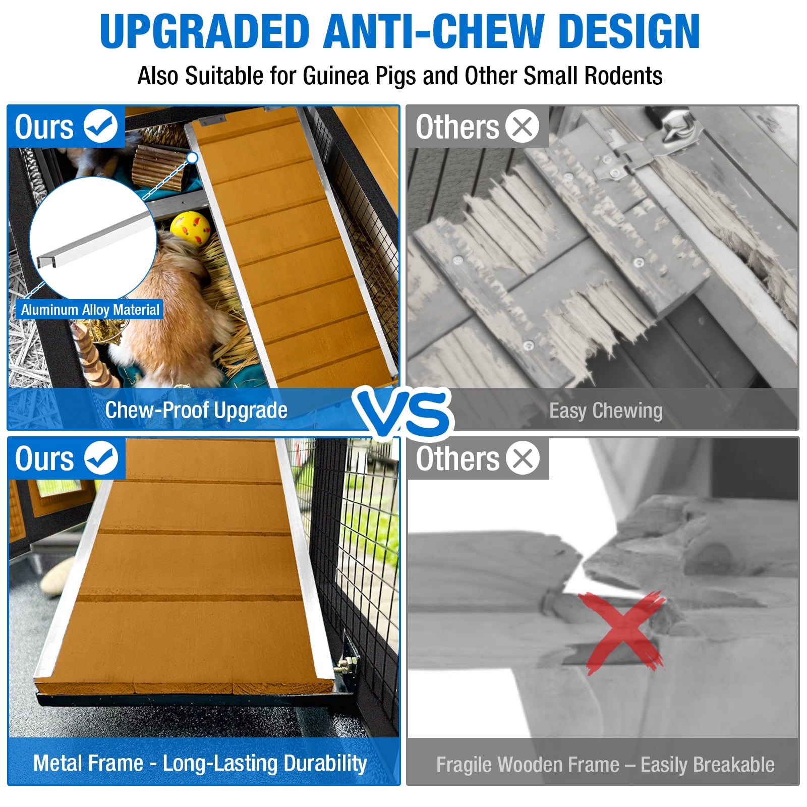Suumerpety Rabbit Hutch on Wheels Indoor Rabbit Cage Outdoor Bunny Hutch with 3 Plastic Trays & Anti-Chew Ramp Metal Frame Guinea Pig Cage Natural