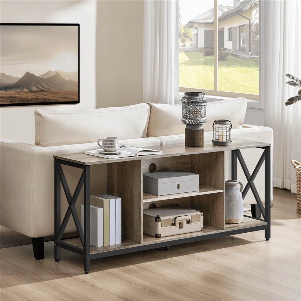 Alden Design 60-inch Industrial TV Stand with Storage, Distressed Gray