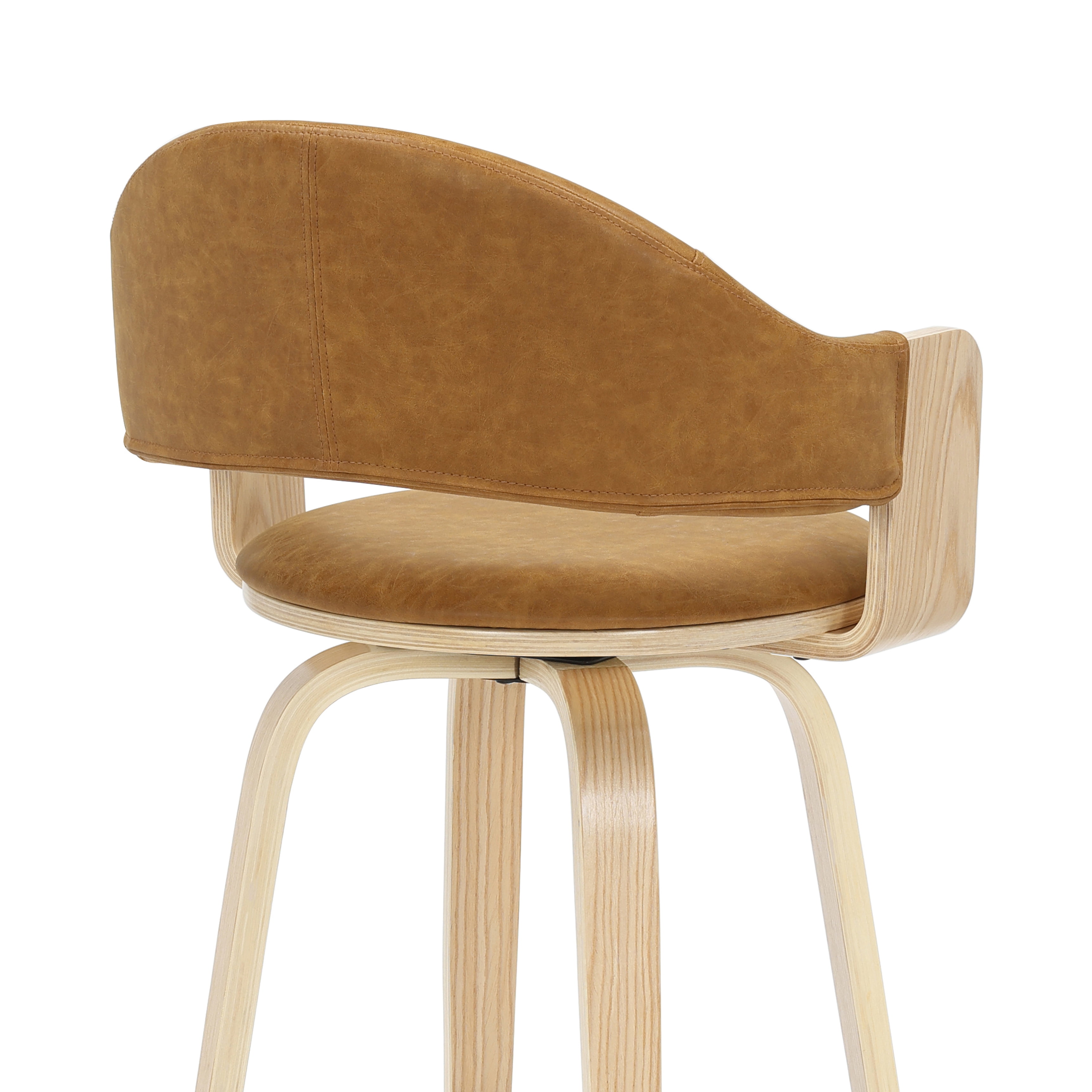 Daxton 36 in. H Swivel Counter Height Camel Round Back Wood Bar Stool with Faux Leather Seat