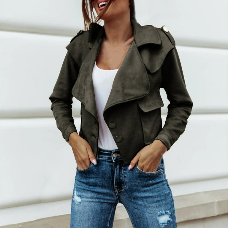 Lovskoo Women s Faux Suede Jacket Spring Fall Long Sleeve Open Front Lapel Draped Outwear Jacket Blazer Olive Green Size 2XL