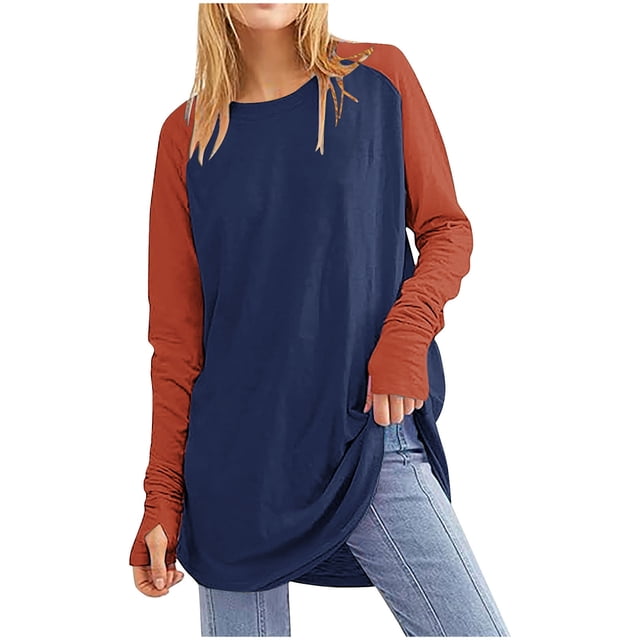 Bowake Tunique Décontractée à Manches Longues pour Femmes Col Rond Blouse à Blocs de Couleur Chemise Douce et Confortable Tee-Shirt Basique Ample avec Trous pour les Pouces