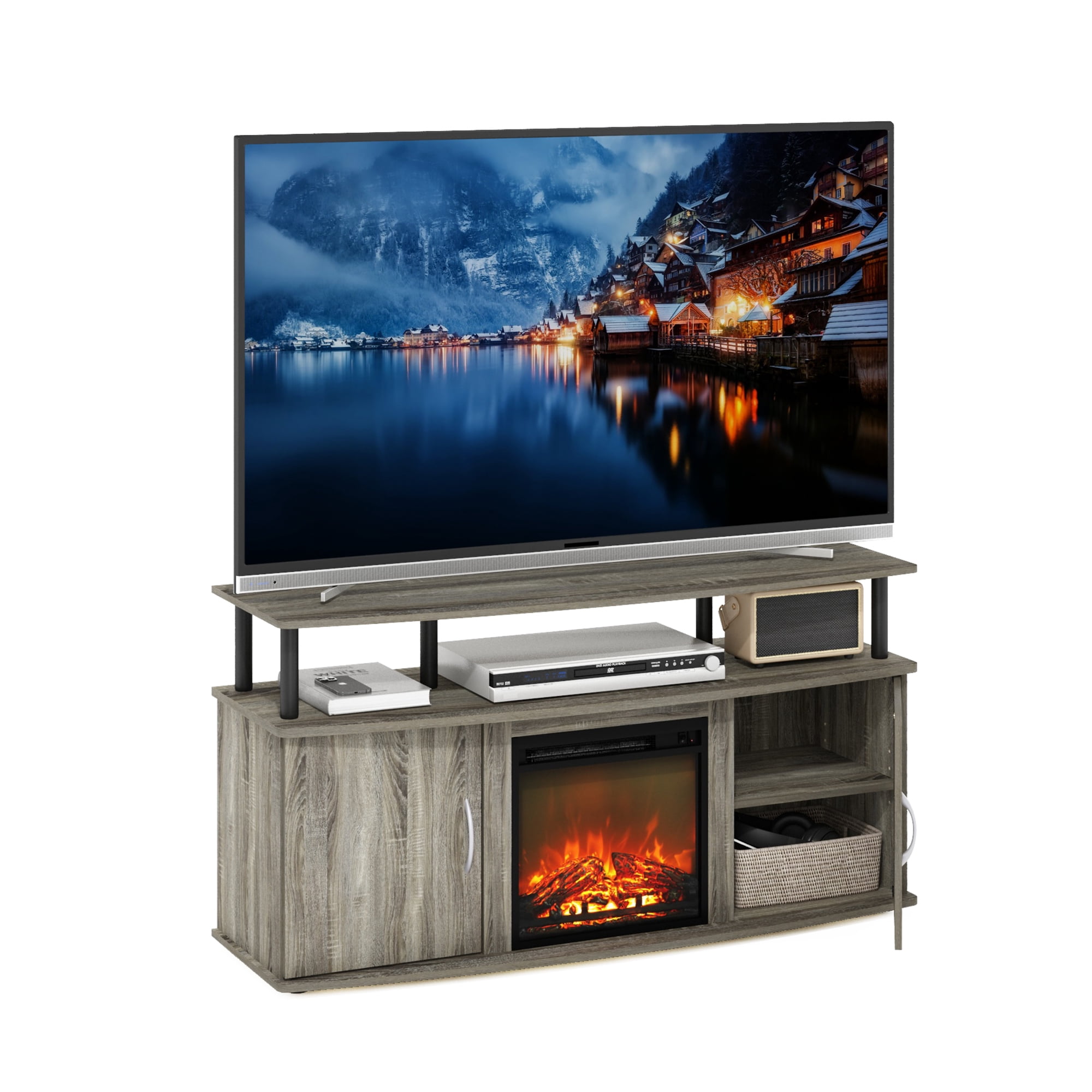 Furinno Jensen Living Room Fireplace Entertainment Center with Doors Storage Cabinet for TV up to 55 Inch, French Oak Grey/Black