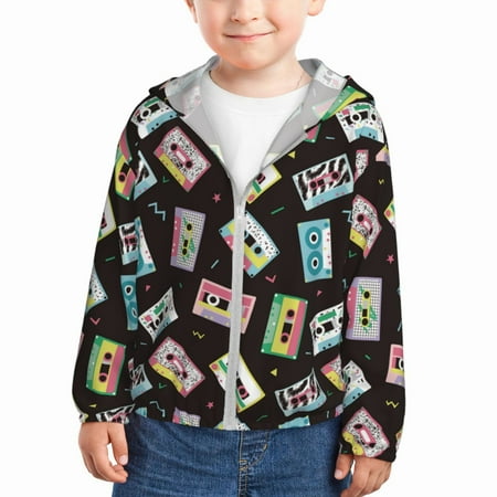 

Gaeub Colorful Retro Tape Print Athletic Sun Protection Hoodie for Kids Long Sleeve Outdoor UV Shirt Running Fishing Top for Boys Girls-18 Months