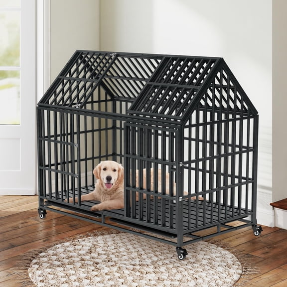 52 inch Heavy Duty Indestructible Dog Crate, Escape Proof Dog Cage Kennel with Lockable Wheels, High Anxiety Double Door, Extra Large Crate Indoor for Large Dog with Removable Tray