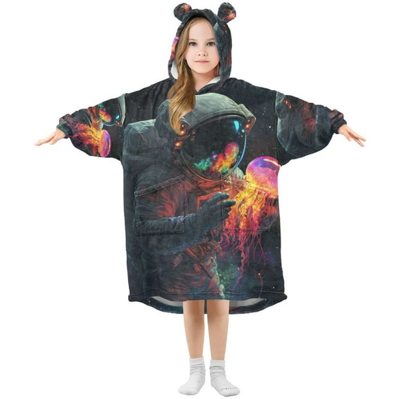 FORMRS Wearable Blanket Hoodie with Sleeves for Kids Cozy Flannel Sweatshirt, Black Astronaut