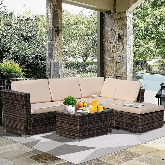 Patio Outdoor Furniture Sets, Patio Couch Sectional Furniture Set for Balcony Porch Backyard Deck Pool,with Chaise Lounge&Coffee Table&Washable Couch Cushions&Upgrade Wicker(4-Piece) (Brown)