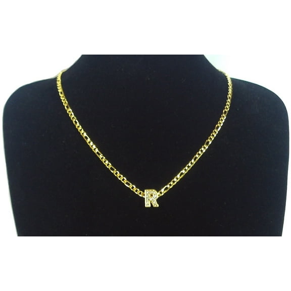 18K Yellow Gold-Plated 18-Inches Figaro Initial Letter R Pendant Bling Charm Chain Necklace Set Gift