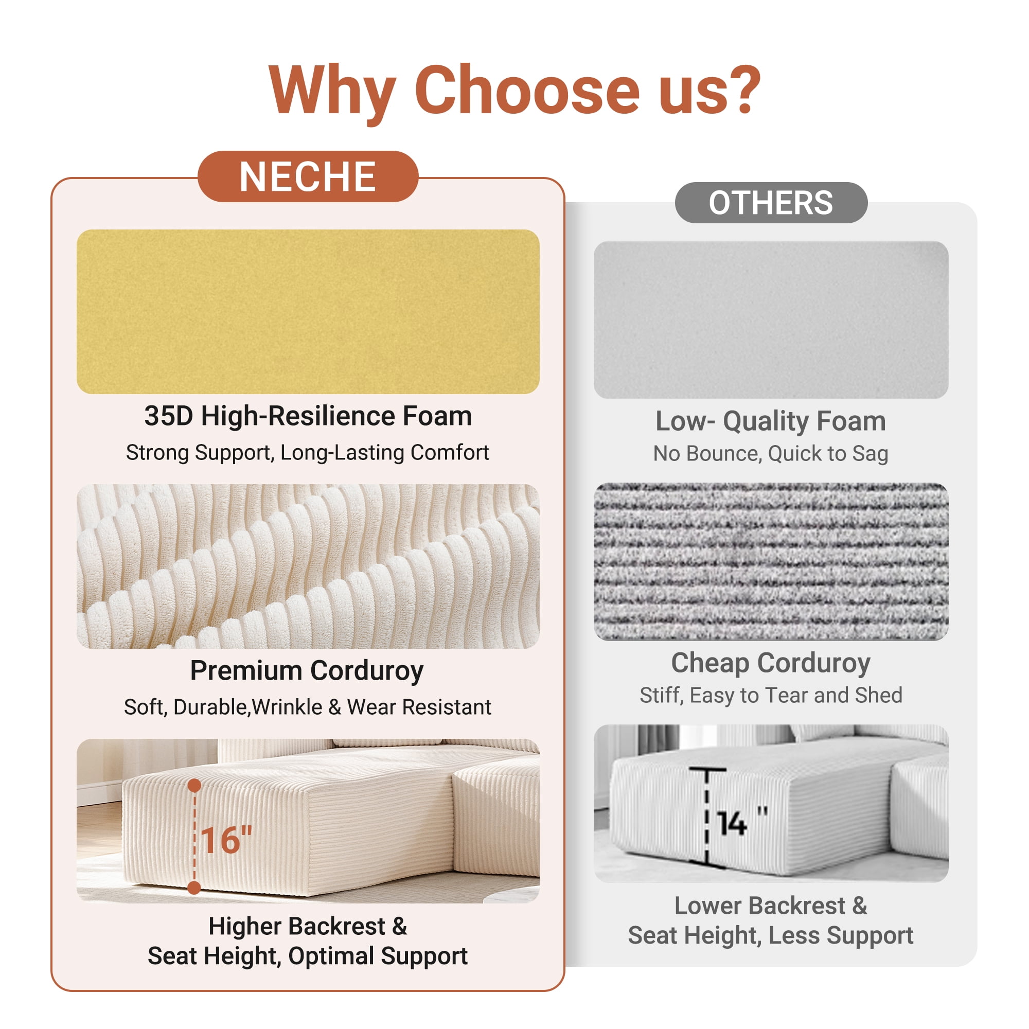 Solid Wood Frame Corduroy Sofa Couch, Neche 100" Sectional for Living Room, L-Shaped, Beige