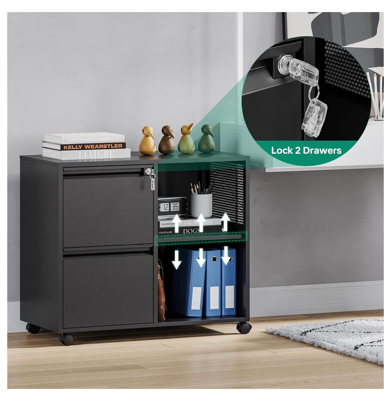 WDZS Mobile File Cabinet, Metal Lateral Rolling Printer Stand Filing Cabinets with Shelves for Home Office-Storage A4/F4/Letter (Black)