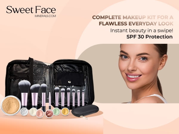 15 pc STARTER KIT w/BRUSHES & CASE (BEIGE) Mineral Makeup Foundation Blush Bronzer Illuminating Veil Set Bare Skin Matte Powder