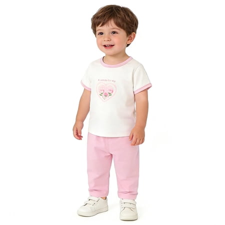 Toddler Baby Summer Outfits Cotton Casual Comfy Round Neck Printed Short Sleeve T-Shirt + Shorts 2 Pieces Loungewear Sets Pink 6-9 Months