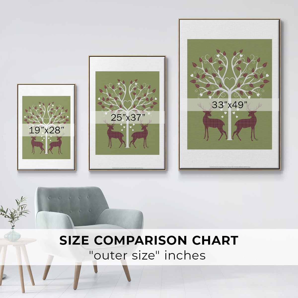 Christmas Des - Deer and Heart Tree, Pink On Green - Framed Gallery Wrapped Holiday Canvas - 27 x 41 - Natural Wood Frame
