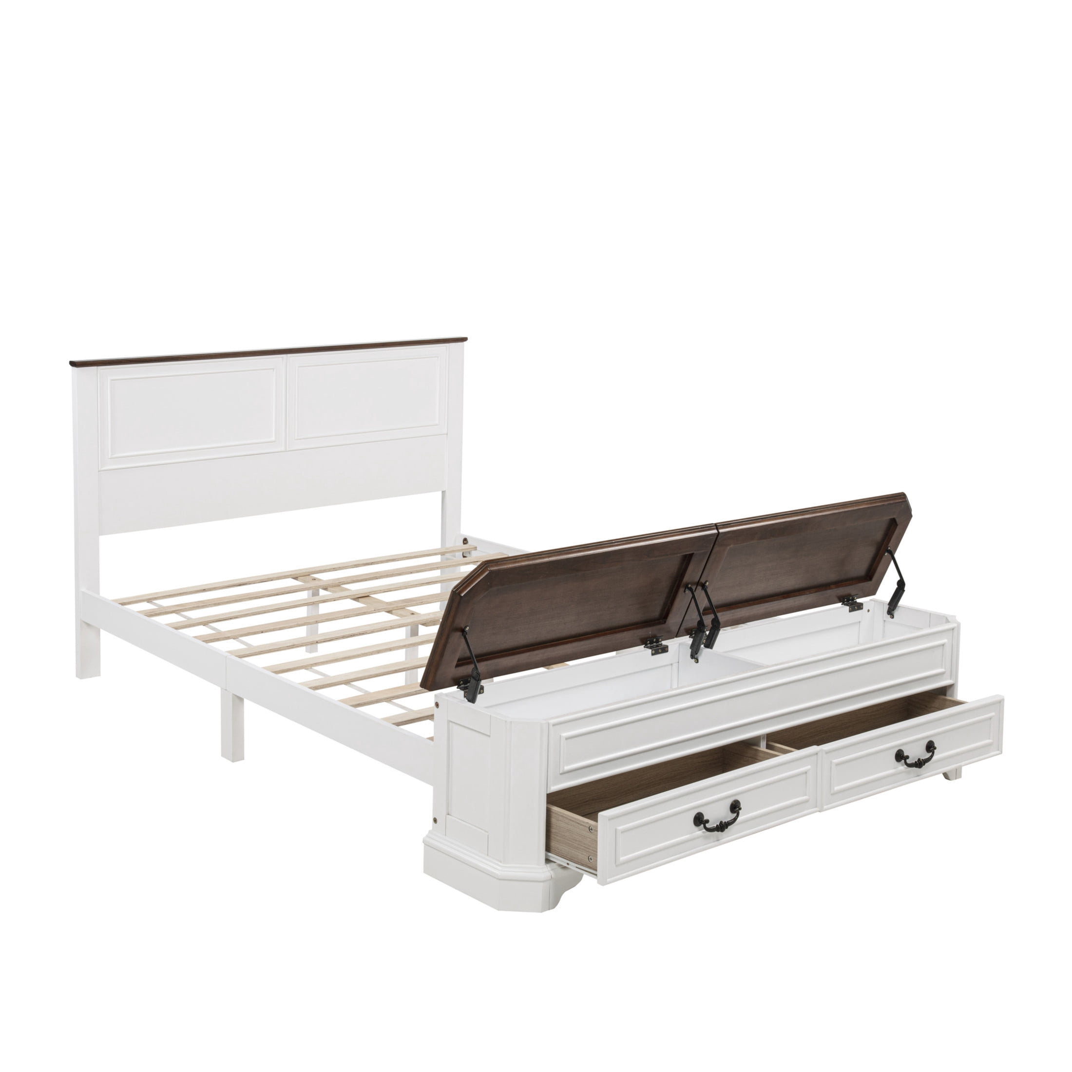 Noble House Reinaldo Queen Farmhouse Pine Bed with Integrated Bench, Storage Drawers and Flip-Top Containers, White