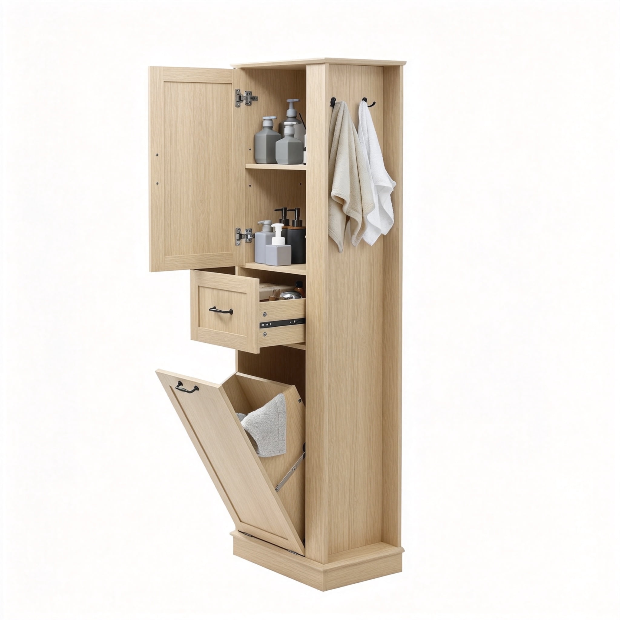 Tall Storage Cabinet 67.8 Inch, Bathroom Organizer with Tilt-Out Compartment and Adjustable Shelves, Tall Narrow Cabinet for Laundry Room and Kitchen, Natural