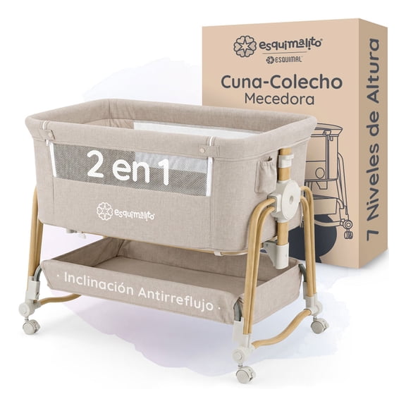 Cuna Colecho para Bebé Esquimal 2 en 1 , 7 Niveles de Altura, Inclinación Antirreflujo, Cesta de Almacenamiento (Arena)