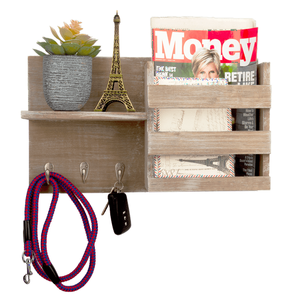 Wall Mount Entryway Mail Envelope Organizer, Key Holder Hooks, Leash