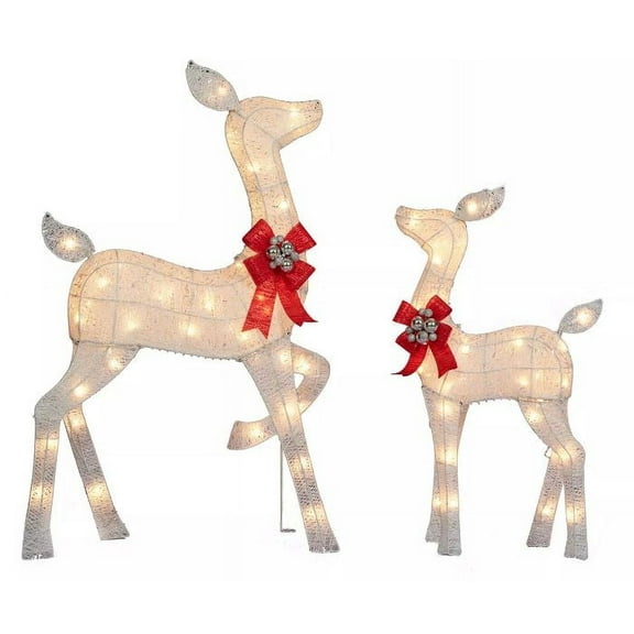 2 Piece - White Glittering Reindeer Set - 38" Doe, 28" Fawn - 85 Clear Pre Lit Lights - Christmas Decoration