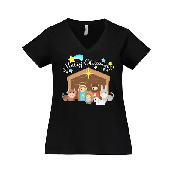 Inktastic Merry Christmas Cute Nativity Scene Women's Plus Size V-Neck T-Shirt