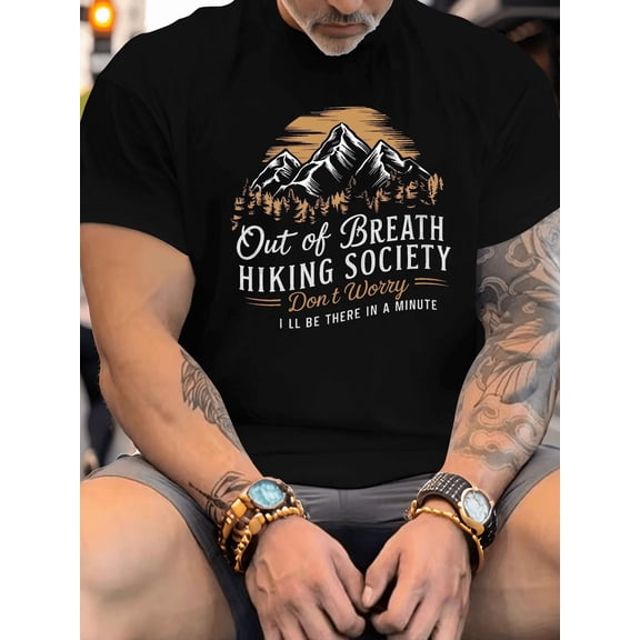 Funny Out of Breath Hiking Society Men's Graphic T-Shirt, Mountain Outdoor Short Sleeve Tee