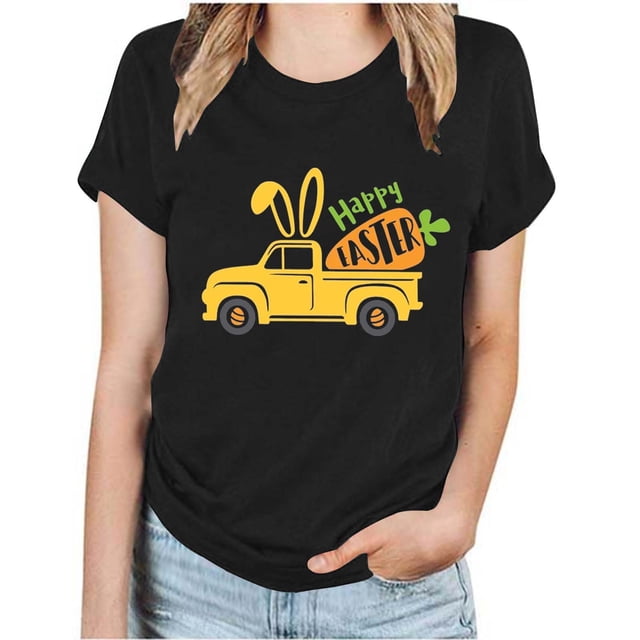 RKSTN Hauts Grande Taille pour Femmes Mode Été 2024 Col Rond Manches Courtes T-shirt Décontracté Ample Imprimé Graphique Voiture de Pâques