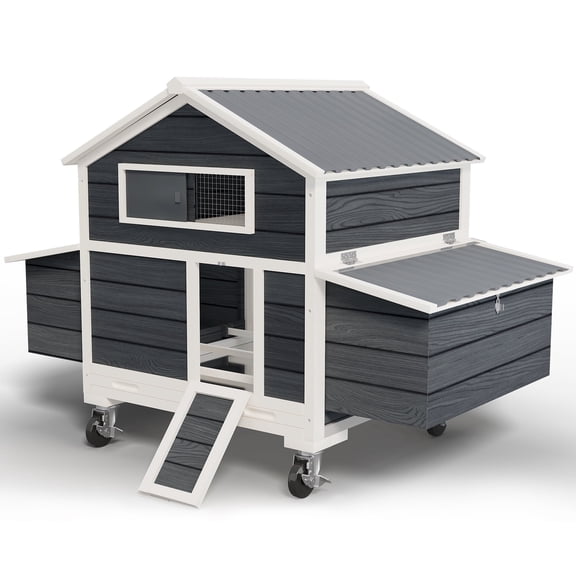 ECOLINEAR Large Chicken Coop with Wheels, Waterproof Outdoor Hen House for 6-8 Chickens, Movable Chicken House with Two Nesting Box, Removable Tray, PVC Cover, Wooden Duck Coop Rabbit Hutch(Black)