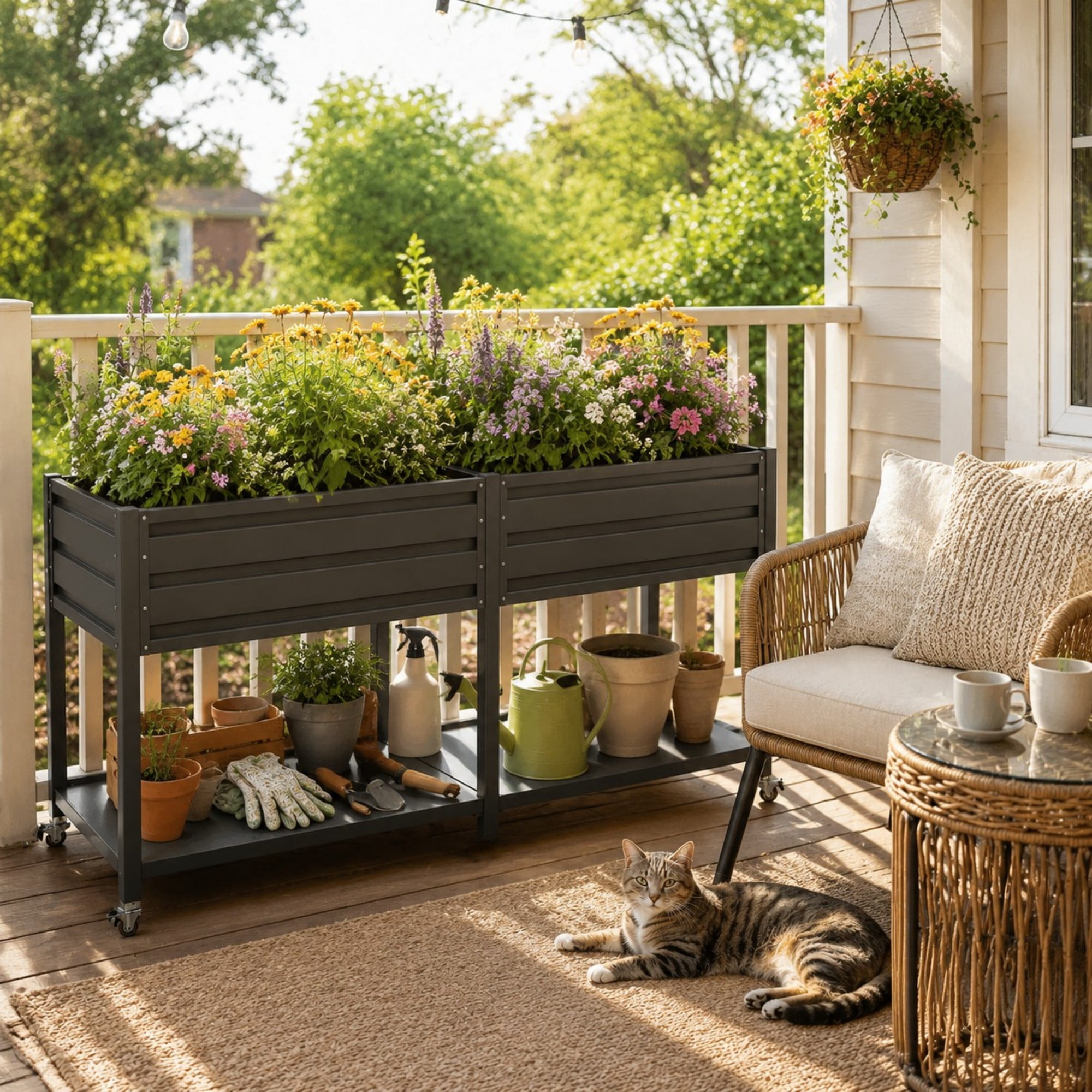Aukfa 2-Tier Elevated Raised Garden Bed with Lockable Wheels, 37.8" Tall Outdoor Galvanized Metal Planter Box for Vegetables, Herbs, Flowers, Patio Backyard Garden, Black
