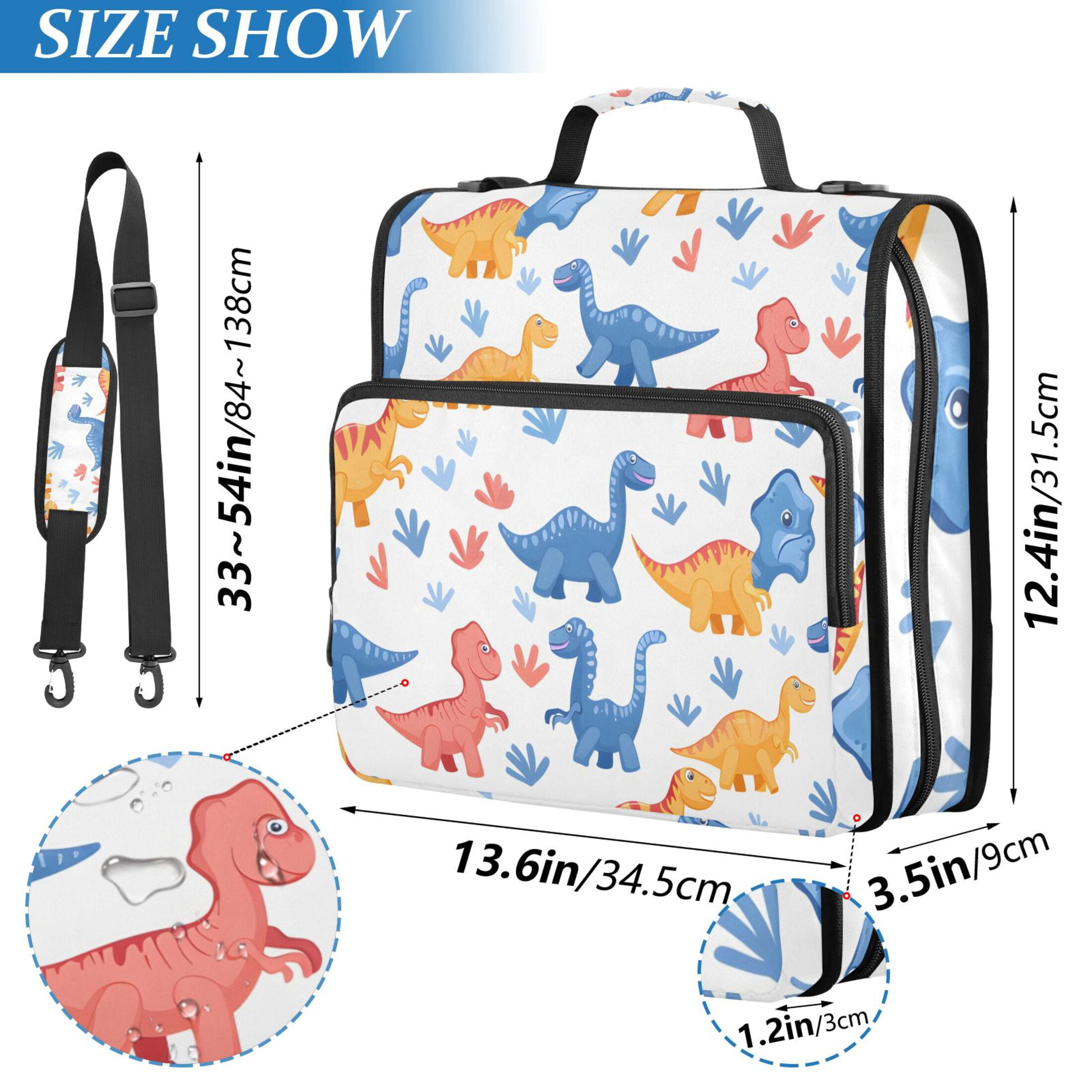 3 Ring Zipper Binder with Shoulder Strap Waterproof Trapper Keeper 2 Inch D-Ring 500 Sheets Capacity Cartoon Dinosaur and Glass