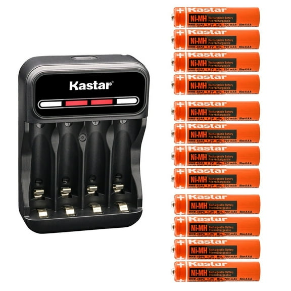 Kastar 12-Pack Battery and CMH4 Smart USB Charger Compatible with Panasonic 1.2V 400mAh BK40AAABU, 1.2V 550mAh HHR-4DPA/4B HHR-55AAABU, 1.2V 650mAh HHR-65AAABU, 1.2V 750mAh HHR-75AAA/BU Battery