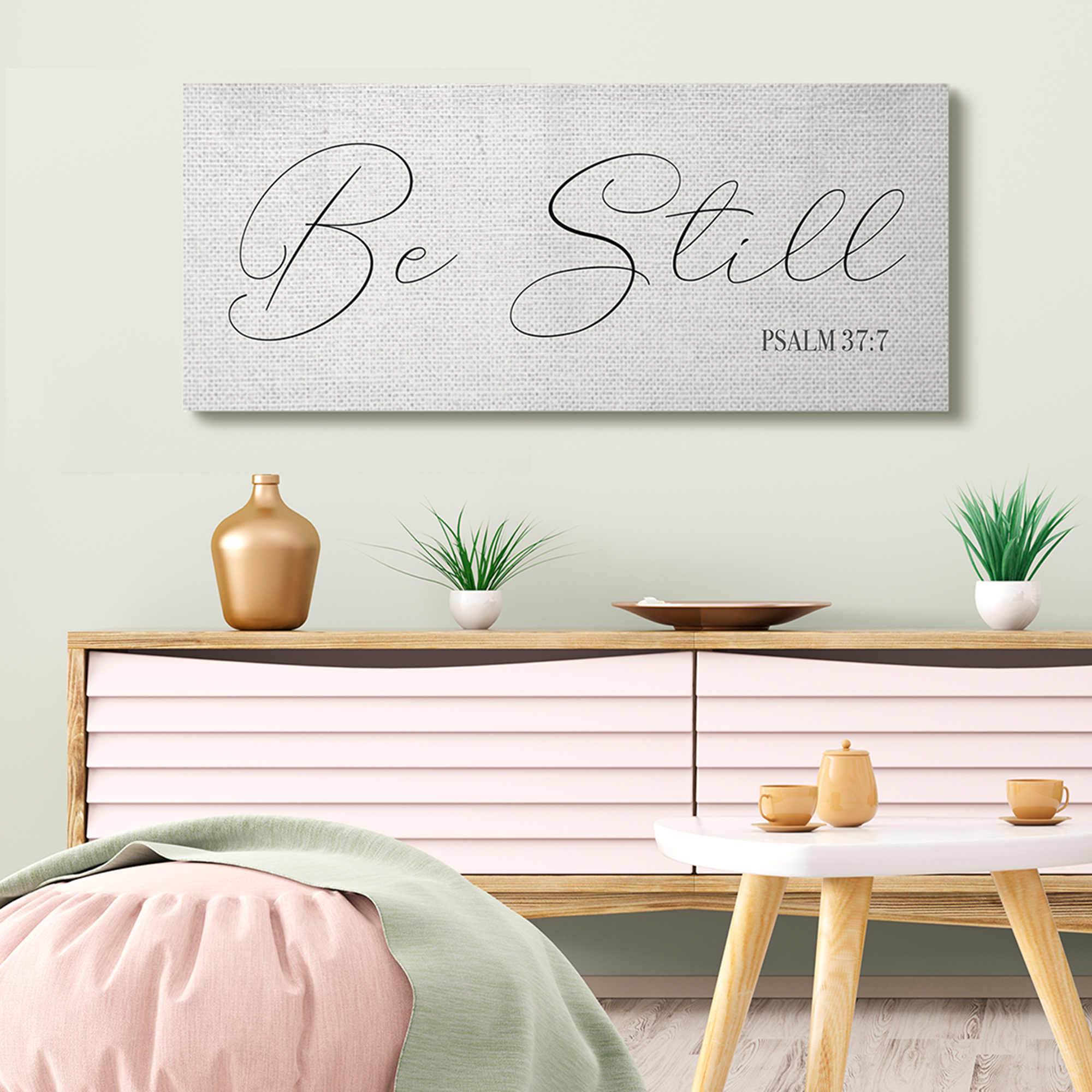 Stupell Industries Be Still Phrase Psalm 37:7 Elegant Script Religious Painting Gallery Wrapped Canvas Art Print Wall Art, 20 x 48