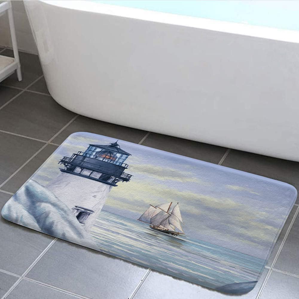 Blue Nautical Theme Non Slip Bath Rugs Mats, Lighthouse Ocean Theme
