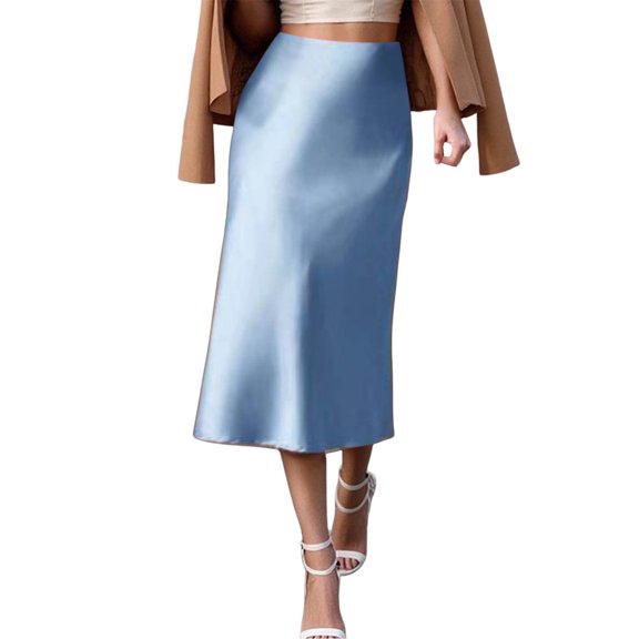 HJYCHN Women's Straight Solid Midi Skirt Elegant Slim Fit Daily Wear Casual Spring Fall Season Blue S