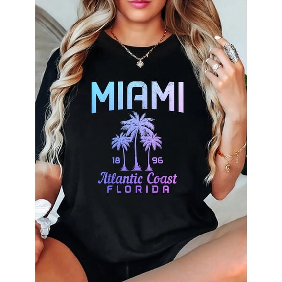 100% Cotton Miami Florida FL Pride Vintage Souvenir Palm Trees T-Shirt Women's Graphic Tee Casual Tops